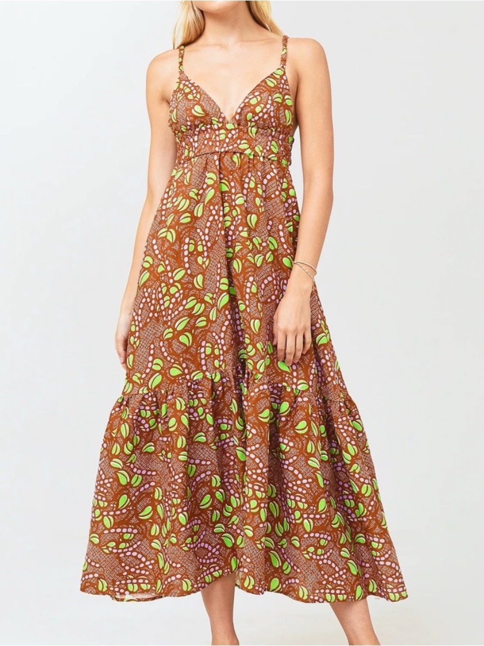 A.L.C. Rhodes Cut-Out Maxi Dress in Brown & Lime Green Print - NWOT